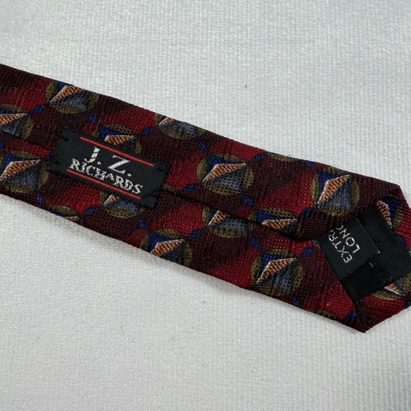 J Z RICHARDS Extra Long Necktie All Silk Handmade in USA Maroon Geometric 64"x4" - Picture 5 of 6